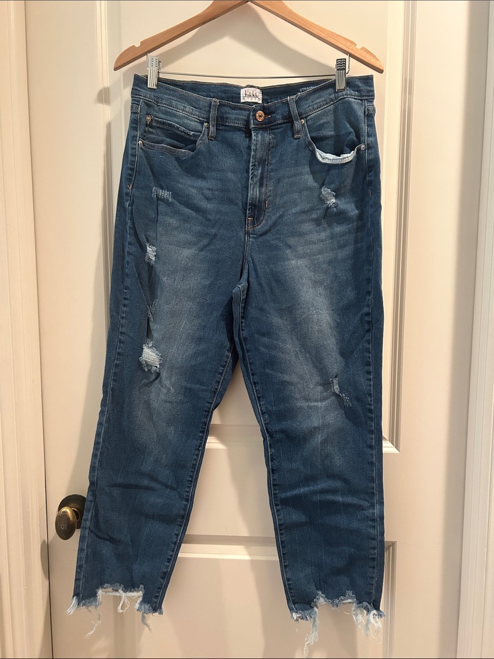 Nicole Miller High Rise Boerum Hill distress straight stretchy jeans raw hem 14